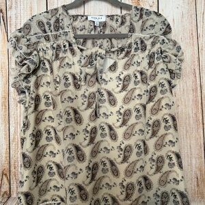 Gilli Beige Paisley Keyhole Ruffle Sleeve Blouse